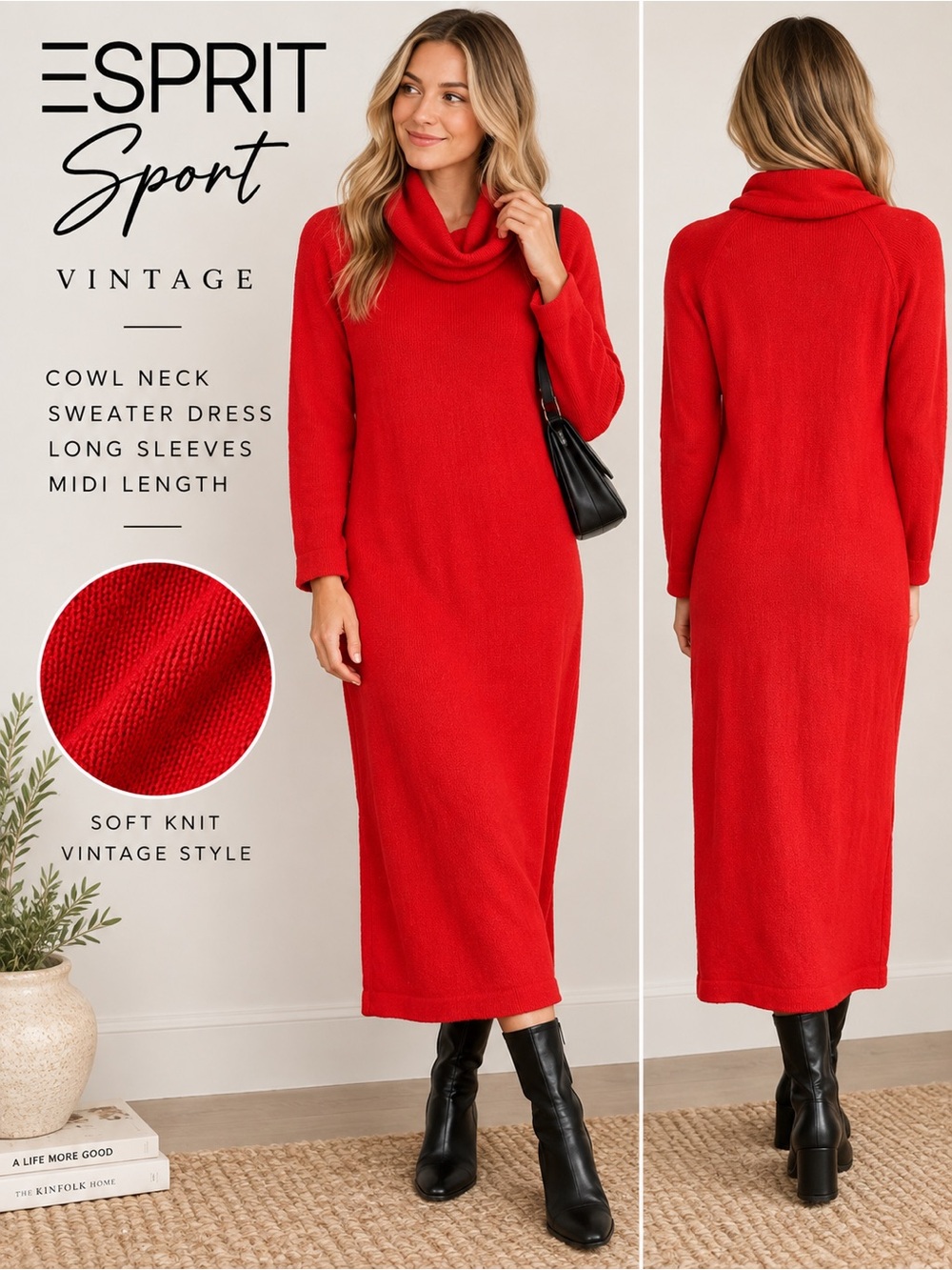 Esprit Sport Vintage Red Cowl Neck Sweater Dress Size Medium Wool Angora